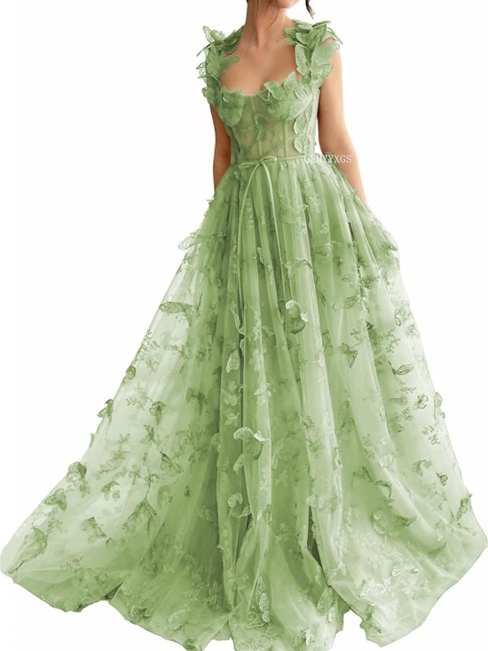 Dresses & Skirts - Elegant Green Floral Tulle Evening Gown